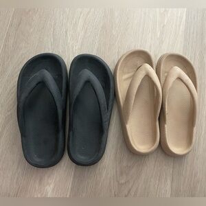 Puffy sandals. Black and tan pairs sold together!